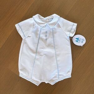 Luli & Me White Baby Romper with Light Blue Trim